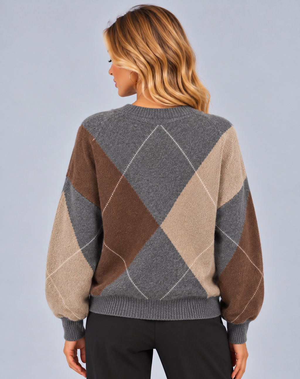 Women's Argyle V Neck Jumper – Relaxed Diamond Knit