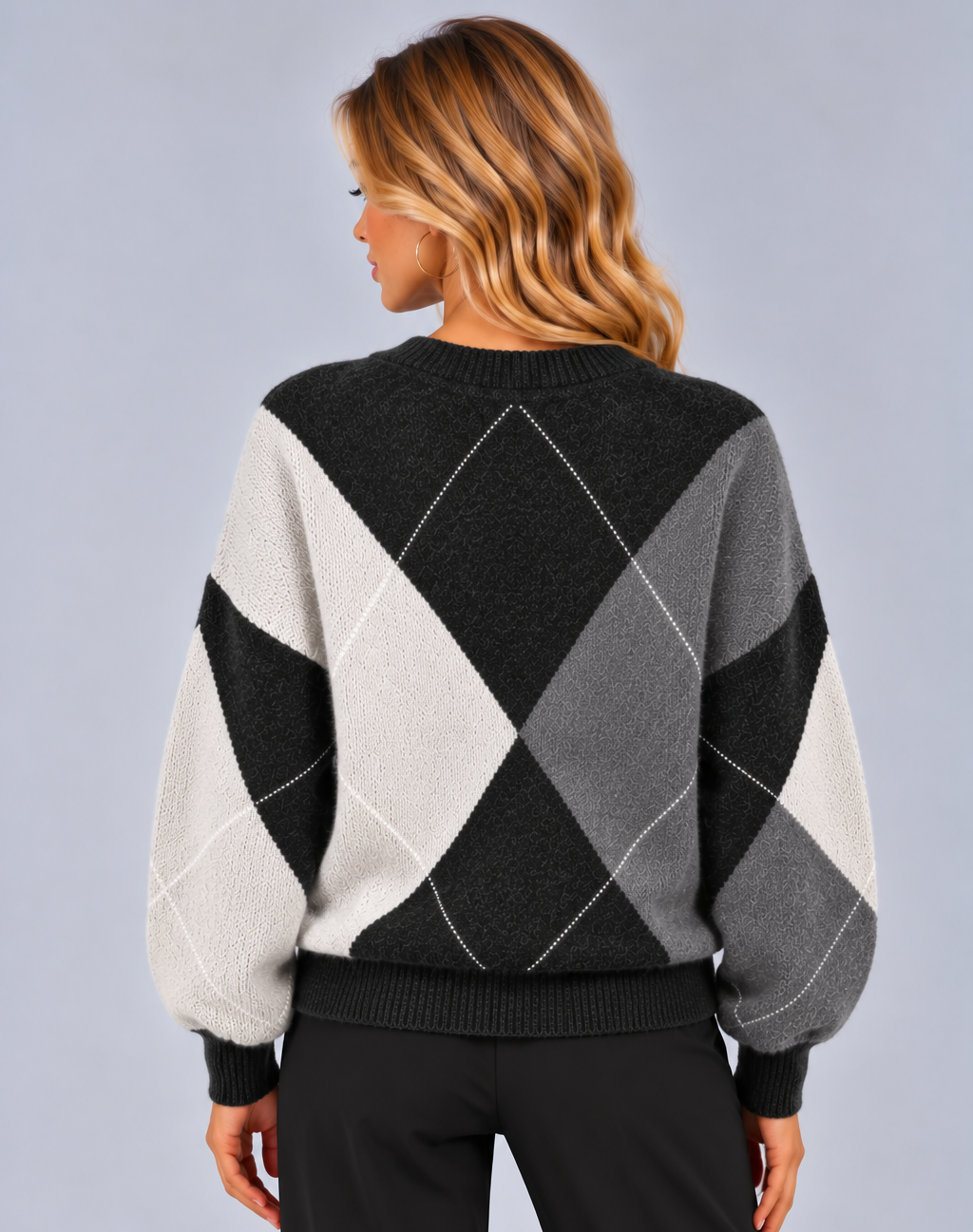 Women's Argyle V Neck Jumper – Relaxed Diamond Knit