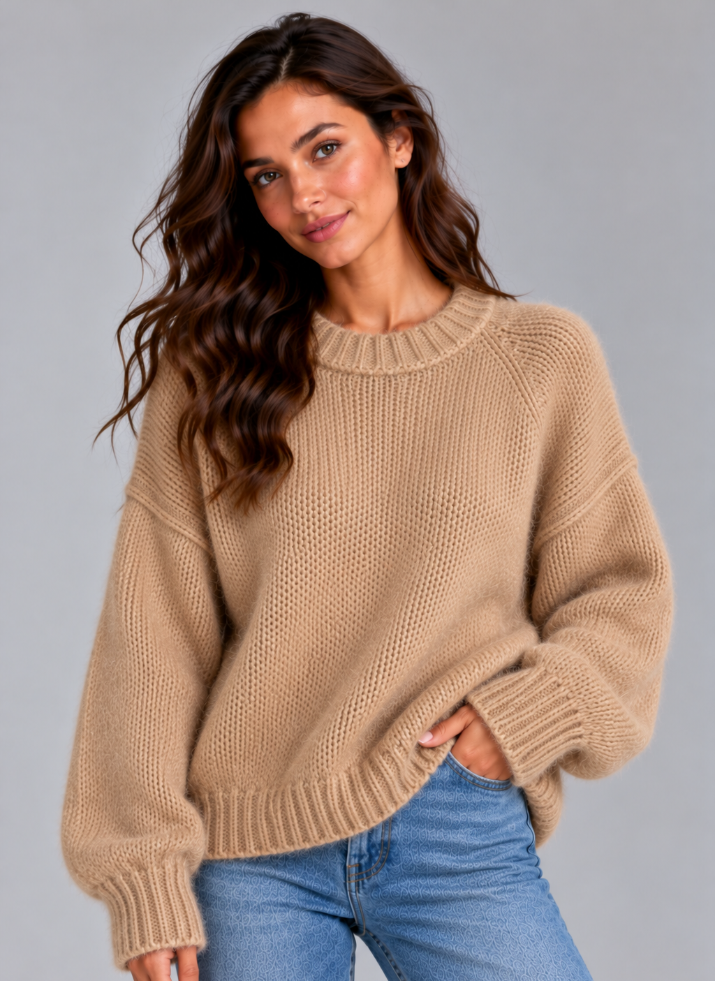 Women's Fluffy Crew Neck Jumper – Soft Textured Knit