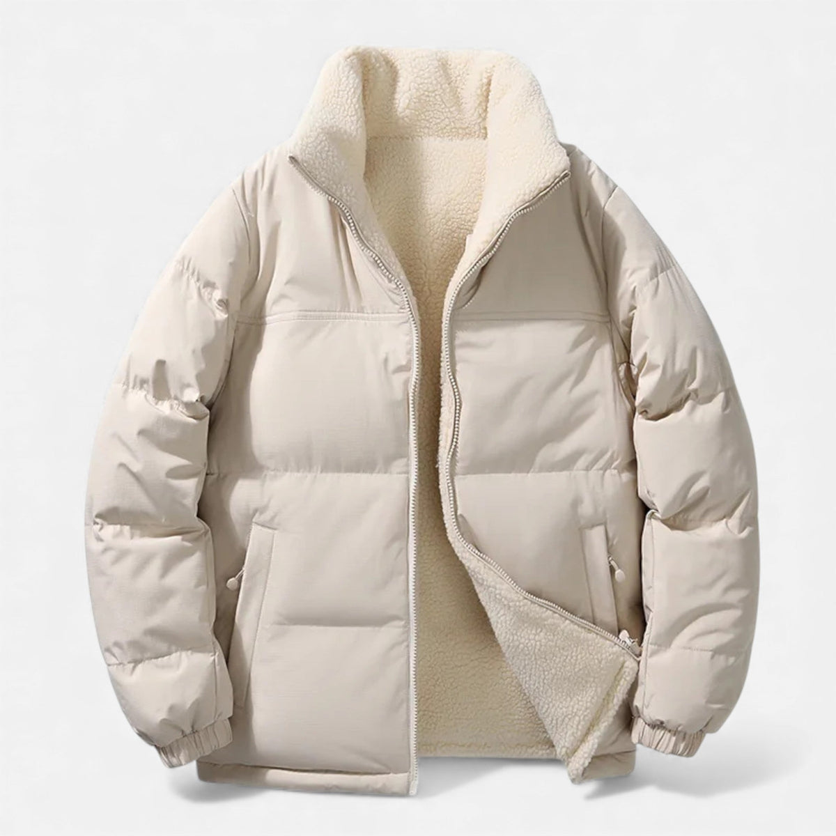 Men's Plush Lined Thick Puffer Jacket in Beige