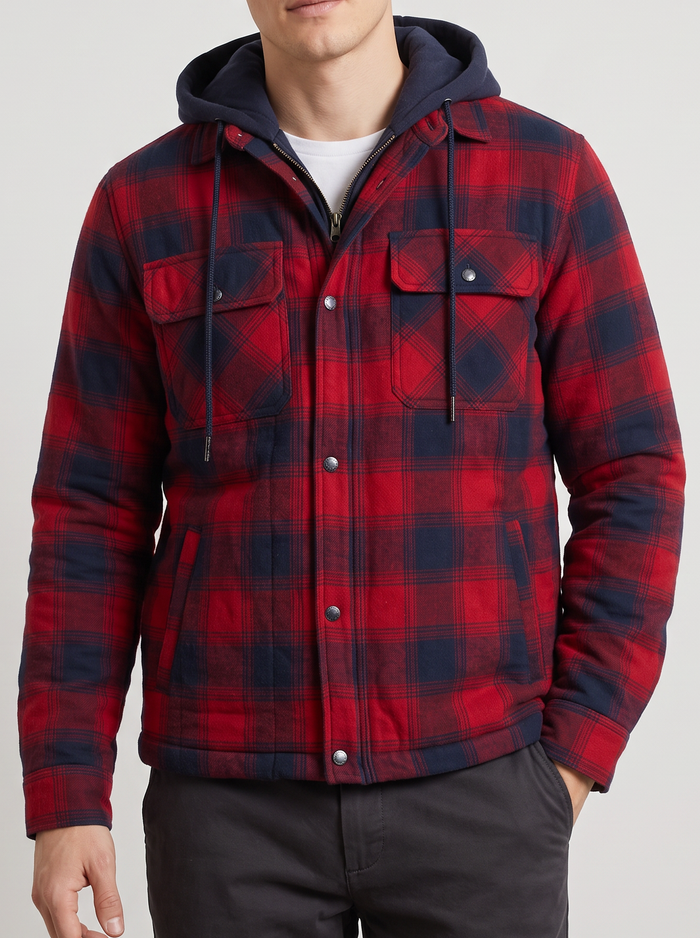 Men's Bomber Jacket with Hood – Fleece Lined Quilted Winter Jacket in Red – front view