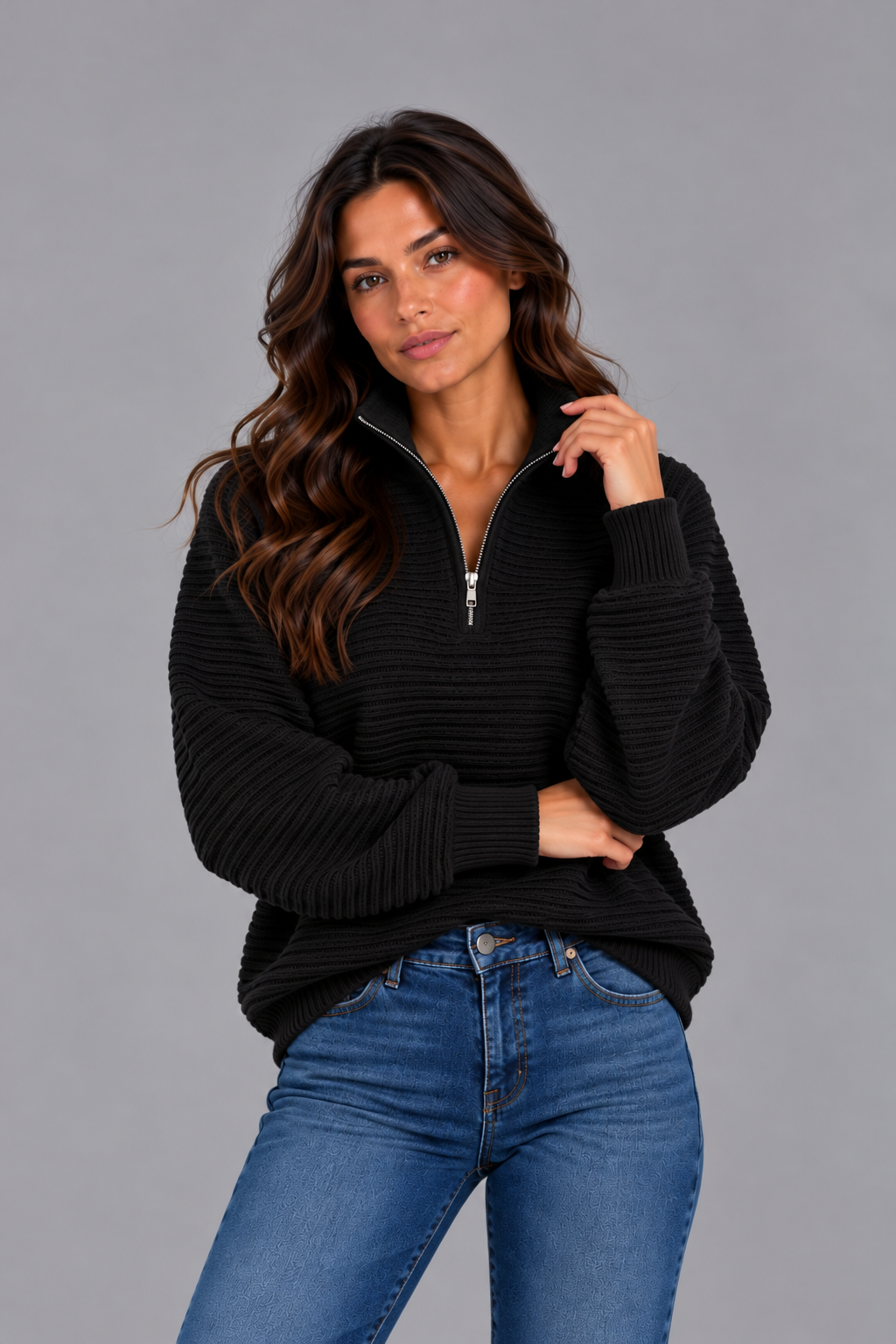 Women's Ribbed Half Zip Jumper – Relaxed Long Sleeve