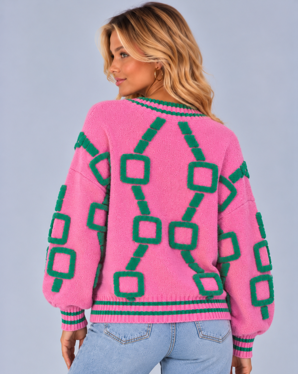 Women's Geometric Knit Cardigan – V Neck Button Front