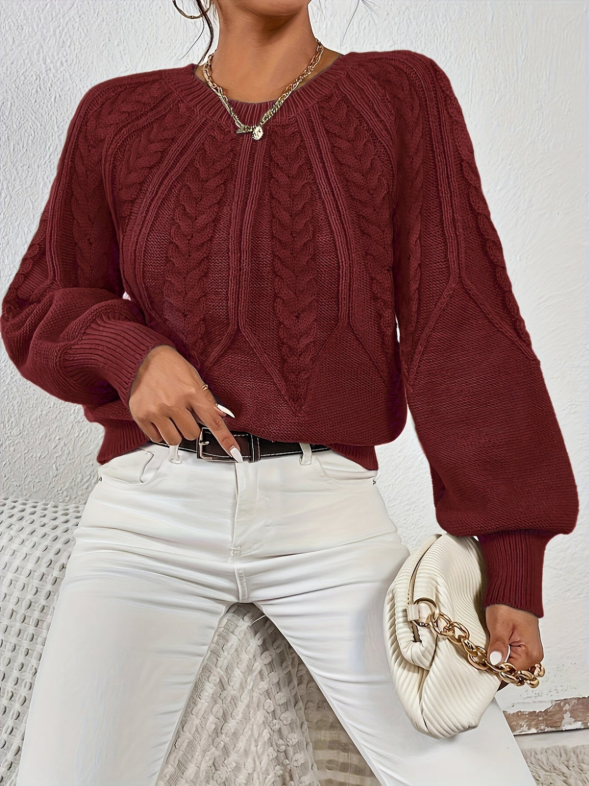 Women's Relaxed Cable Knit Sweater in Red