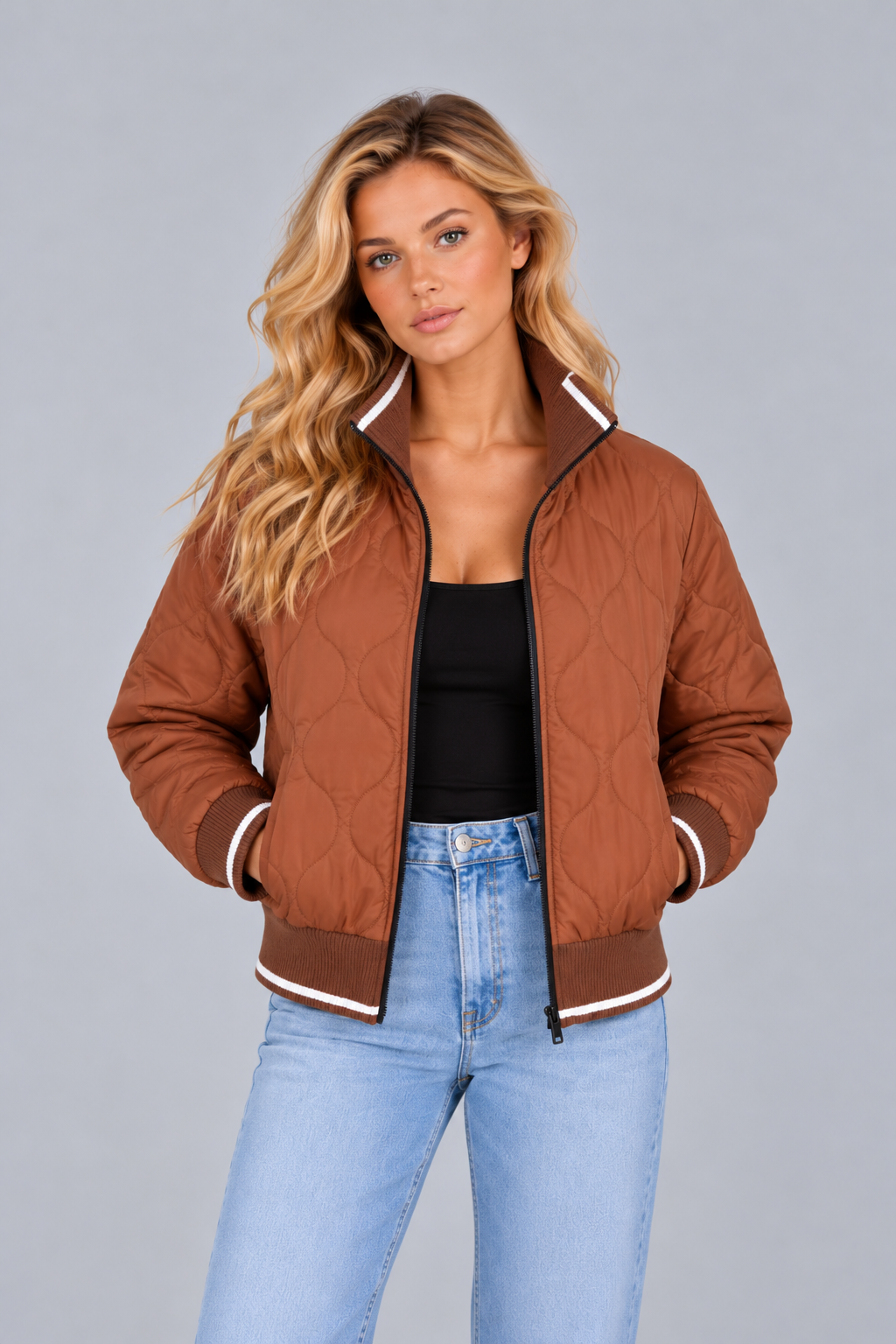 Women's Quilted Bomber Jacket – Ribbed Collar Zip Up