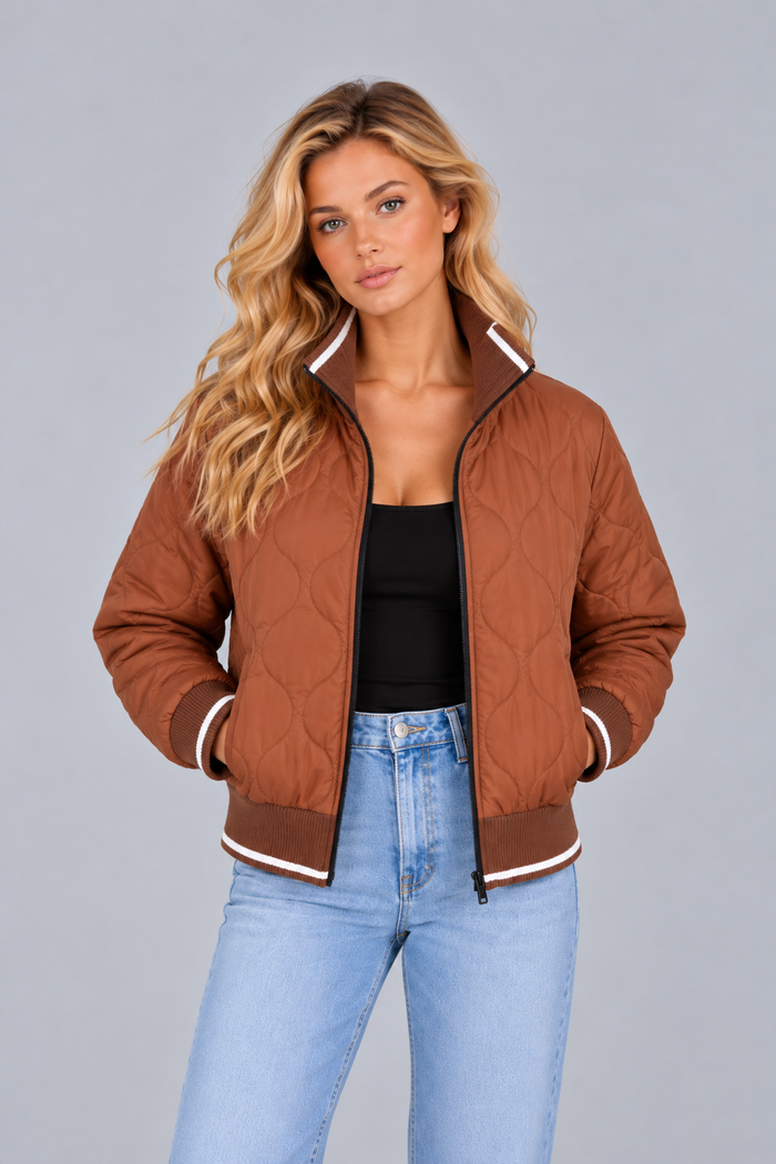Women's Quilted Bomber Jacket – Ribbed Collar Zip Up
