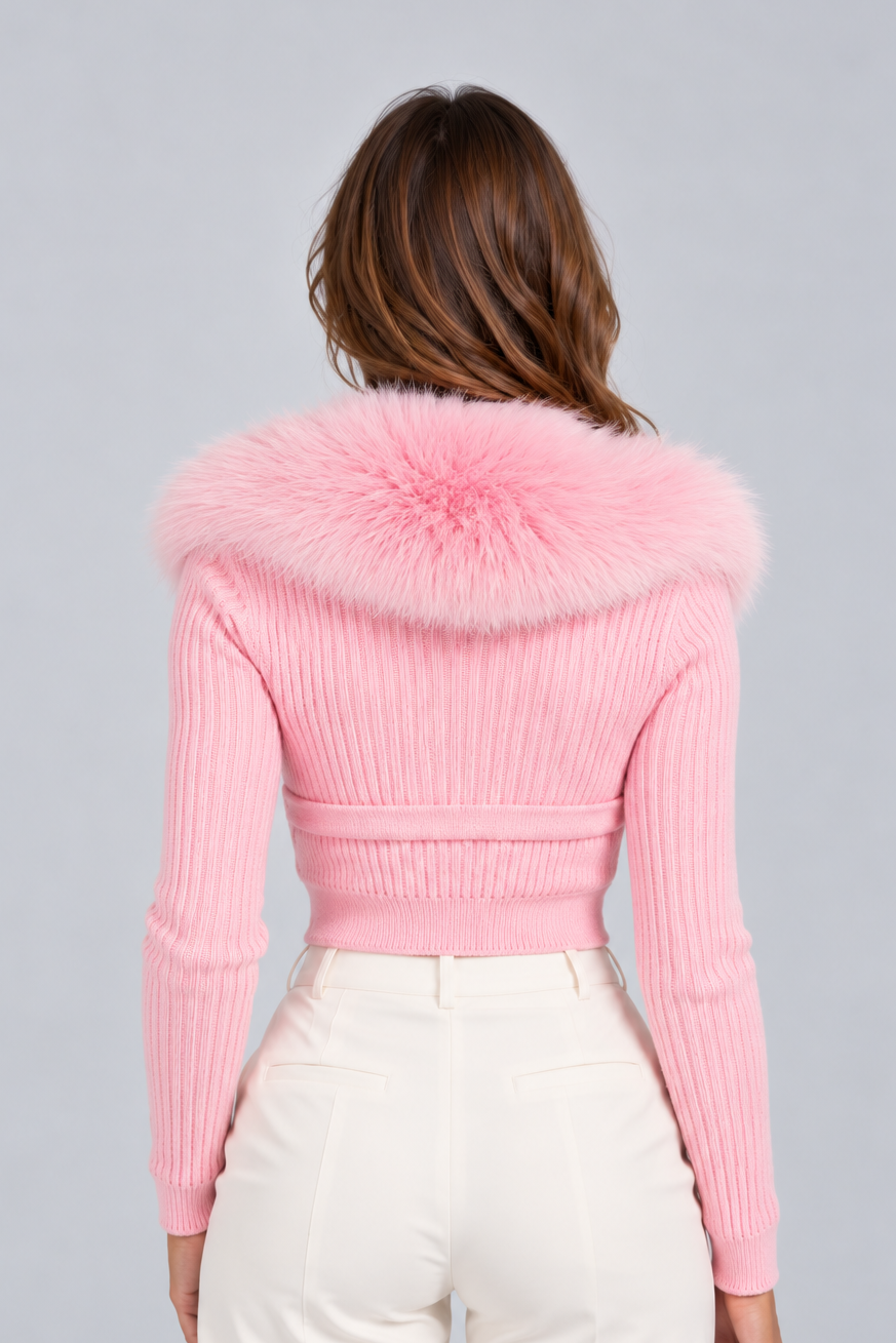 Women's Faux Fur Collar Cardigan – Cropped Ribbed Knit