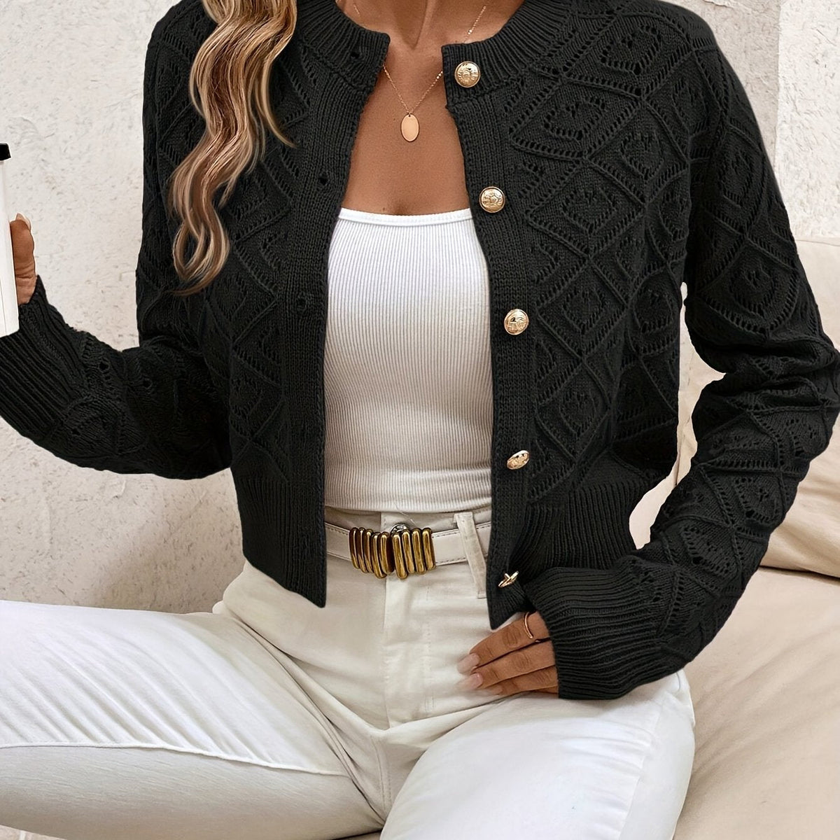Women's Textured V-Neck Cardigan in Black