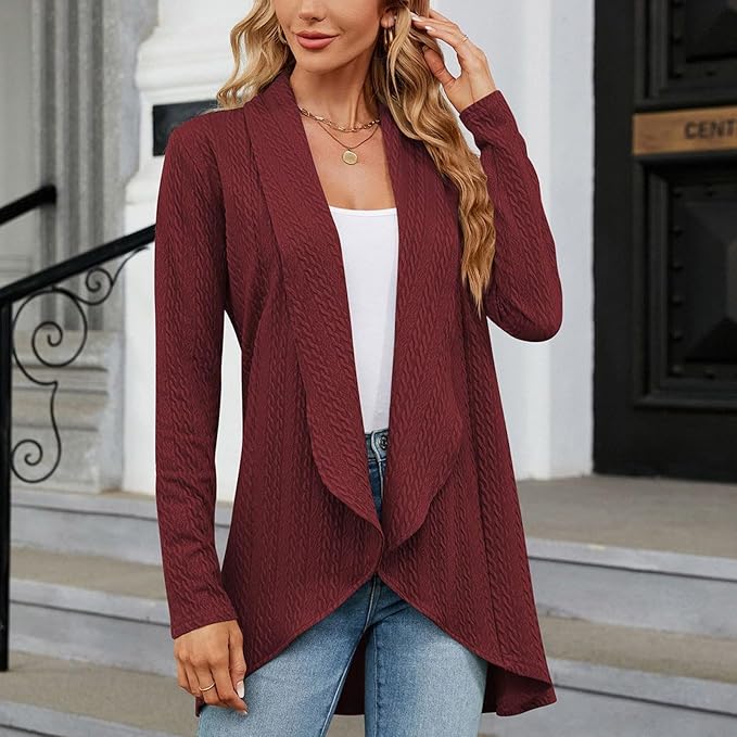 Women's Long Open Front Knit Cardigan in Burgundy