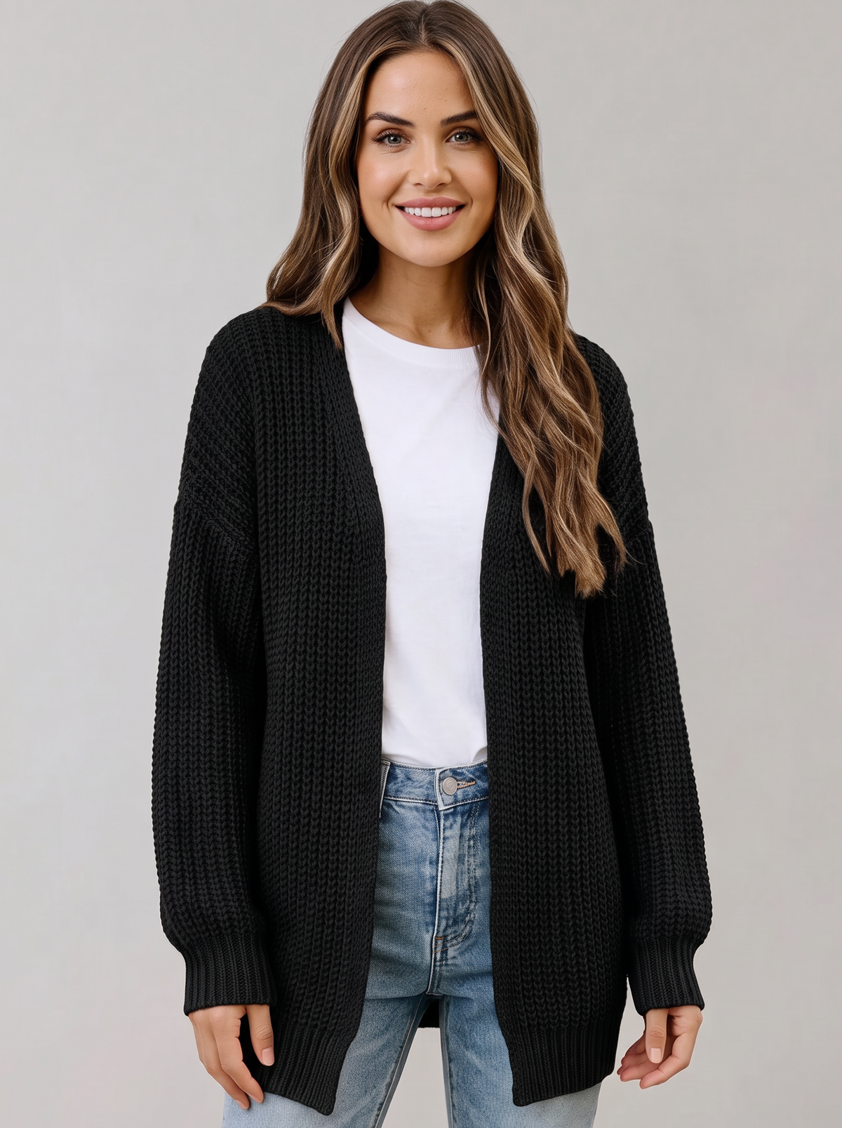 Women's Oversized Waffle Knit Cardigan – Open Front