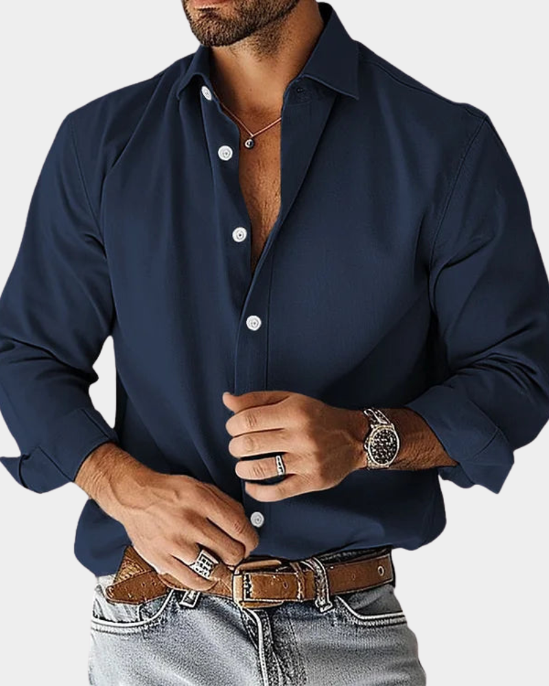 Men's Slim Fit Stretch Button Down Shirt in Navy Blue