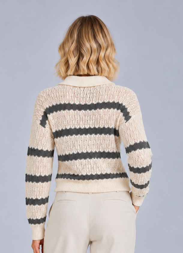Women's Striped Polo Collar Jumper – Relaxed Knit