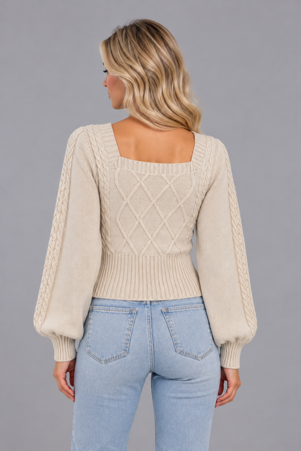 Women's Square Neck Cable Knit Jumper – Balloon Sleeve