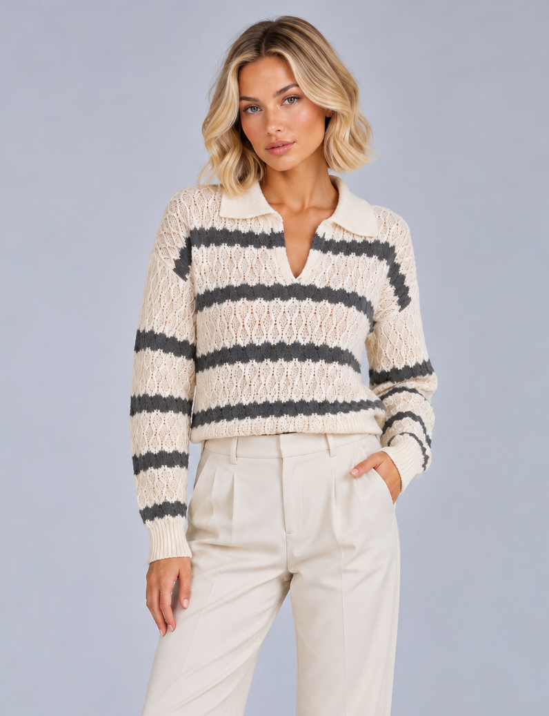 Women's Striped Polo Collar Jumper – Relaxed Knit