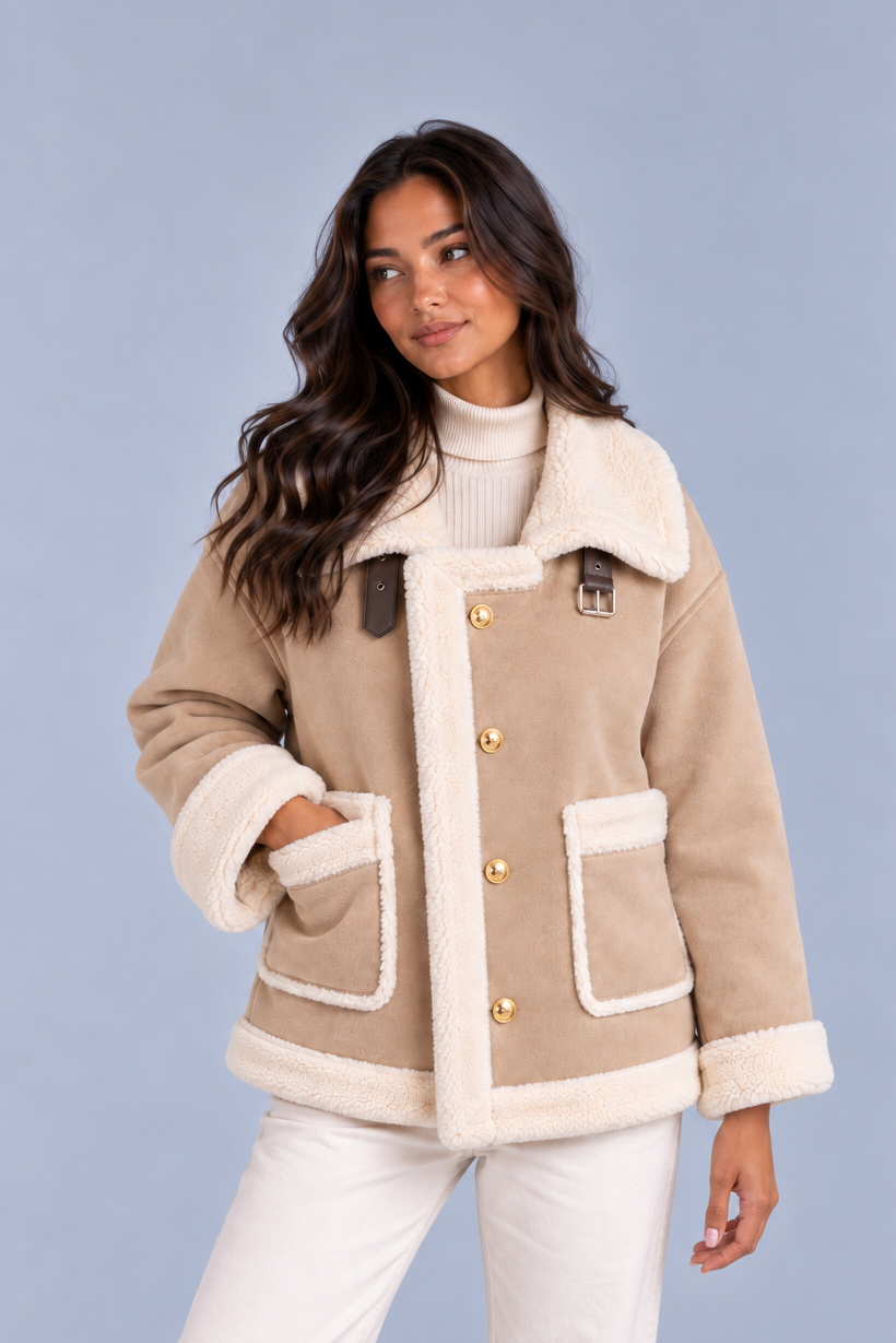 Women's Faux Shearling Aviator Jacket – Suede Look