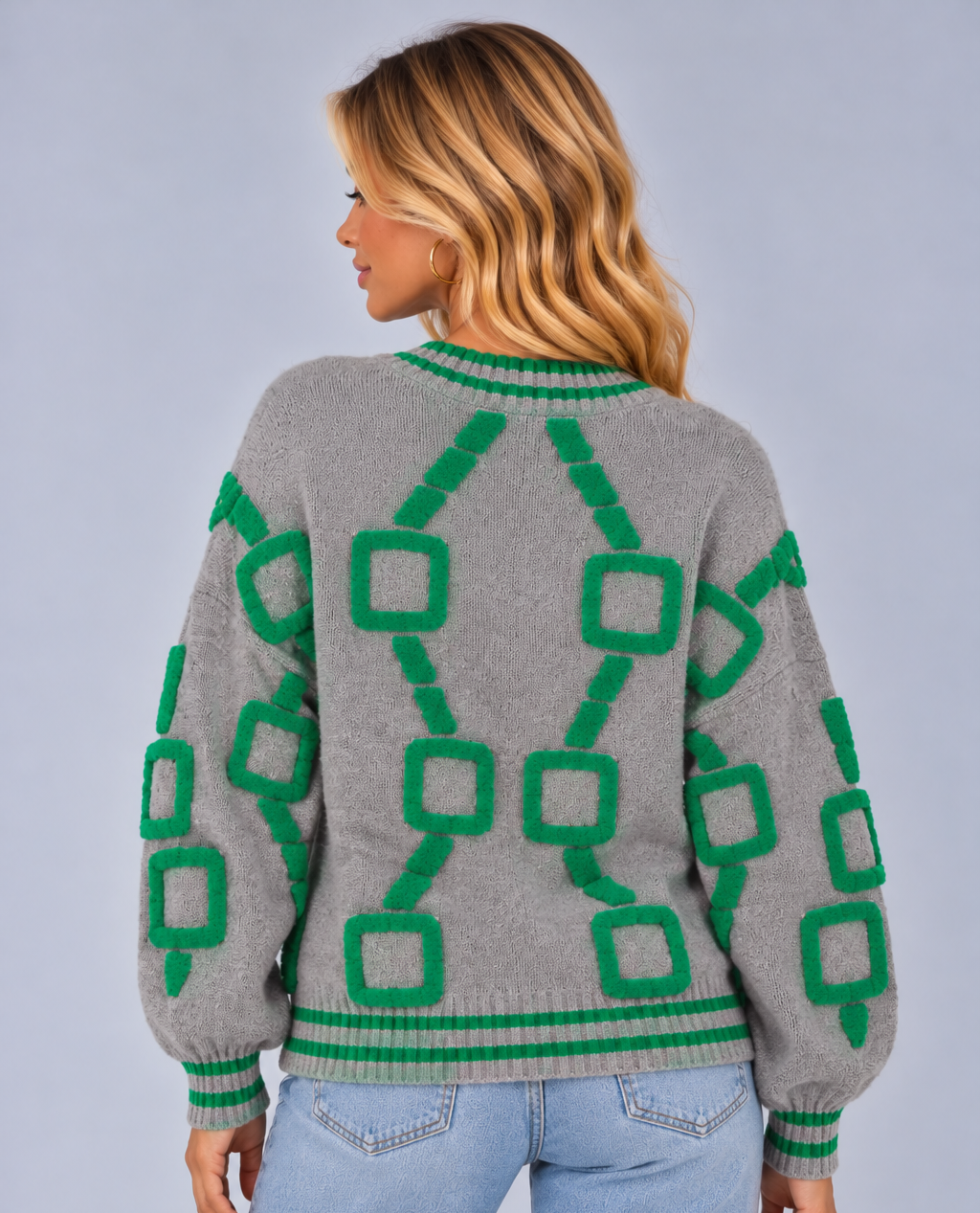 Women's Geometric Knit Cardigan – V Neck Button Front
