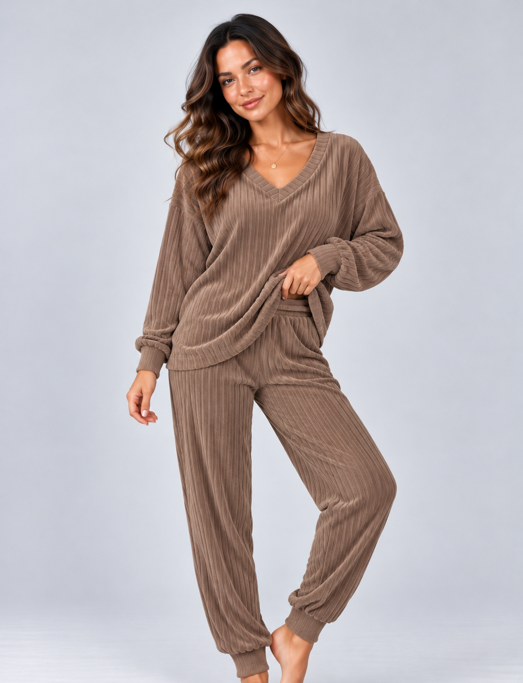 Women's Knitted Lounge Co Ord – V Neck Top and Trousers