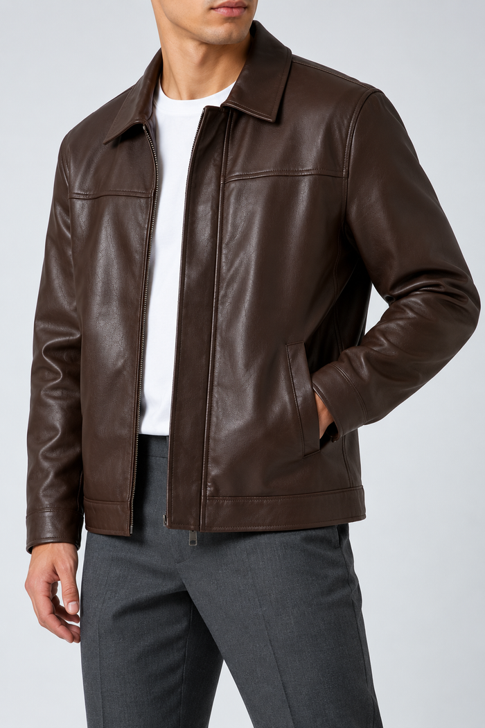 Men's Faux Leather Jacket – Black & Brown Stand Collar Jacket