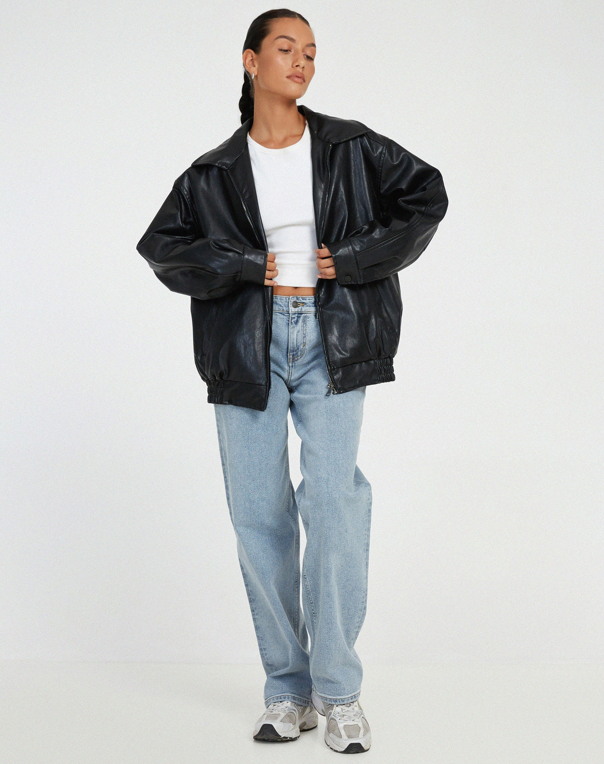Women's Oversized Faux Leather Bomber Jacket in Black