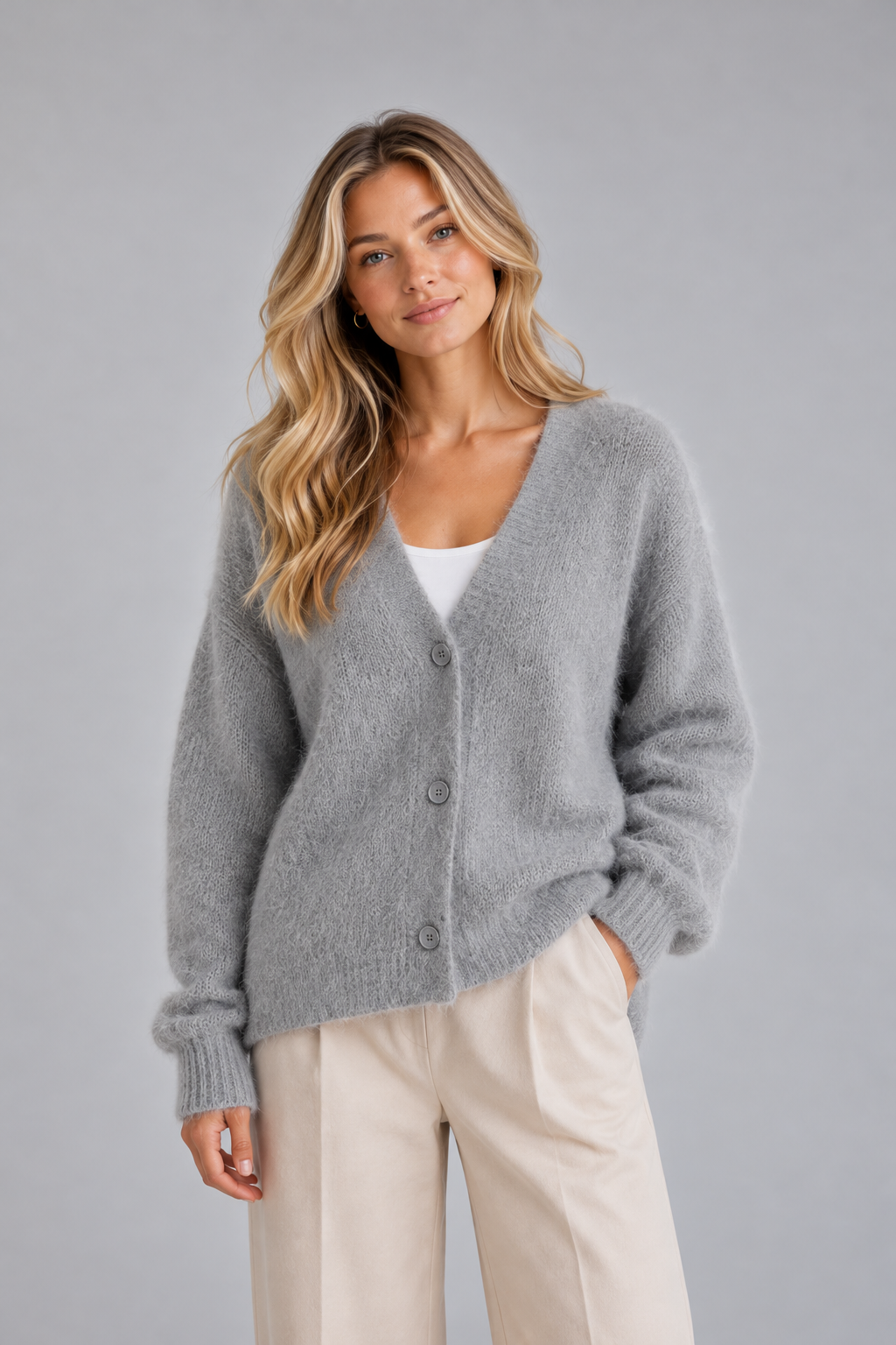 Women's Fluffy V Neck Cardigan – Button Front Knit