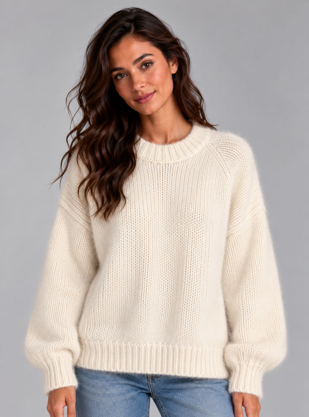 Women's Fluffy Crew Neck Jumper – Soft Textured Knit