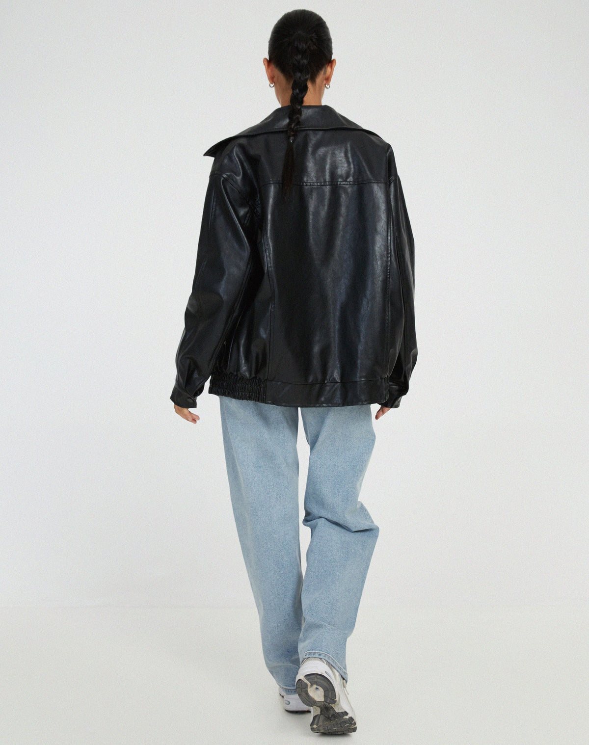 Women's Oversized Faux Leather Bomber Jacket in Black – image 2