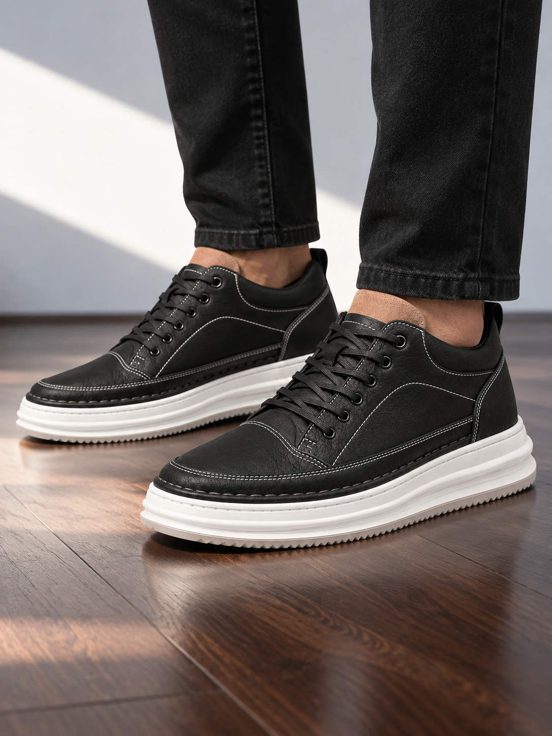 Men's Leather-Look Platform Trainers – Lace-Up Casual Shoes with White Sole – Covert Club product image 3