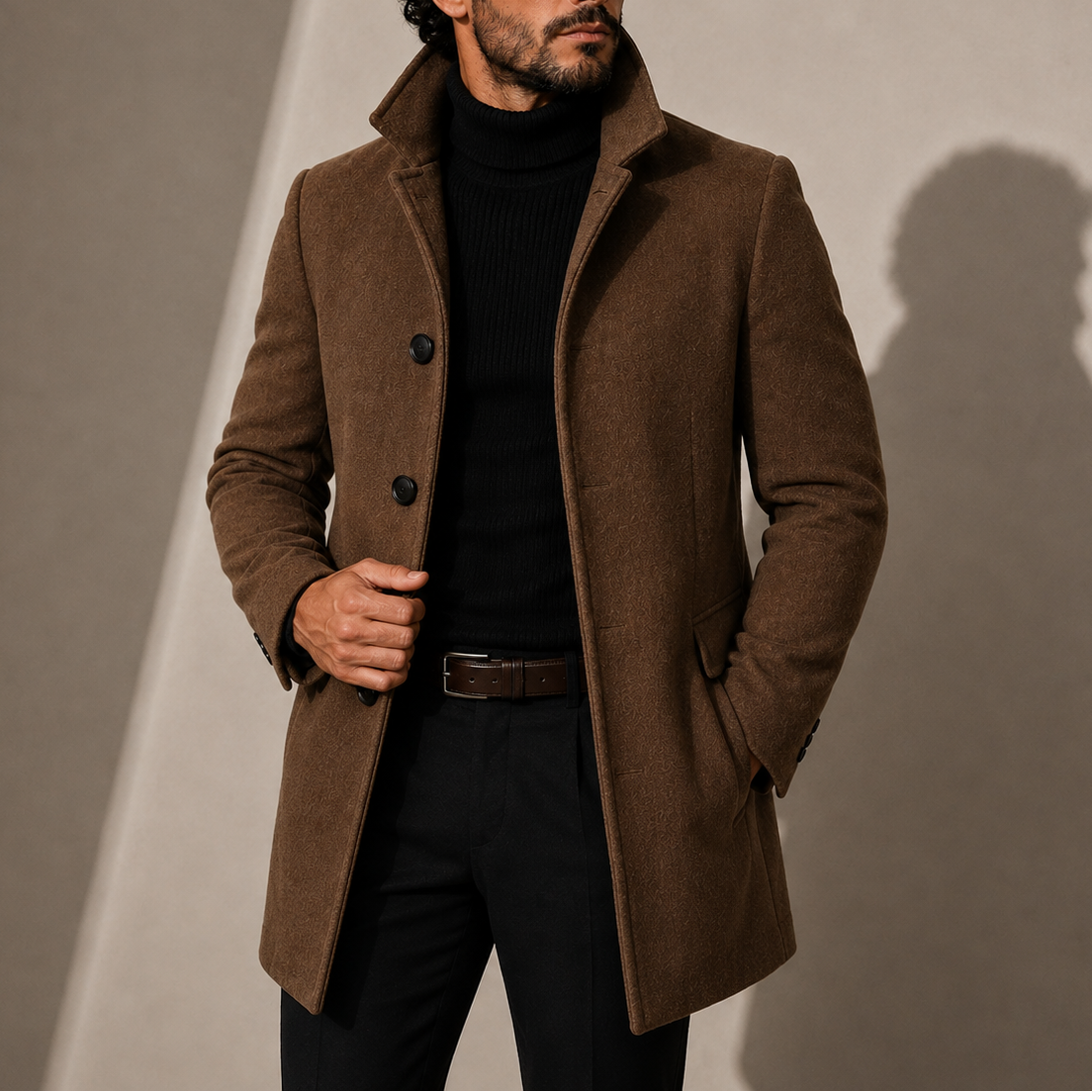 Men's Tailored Stand Collar Overcoat in Light Brown