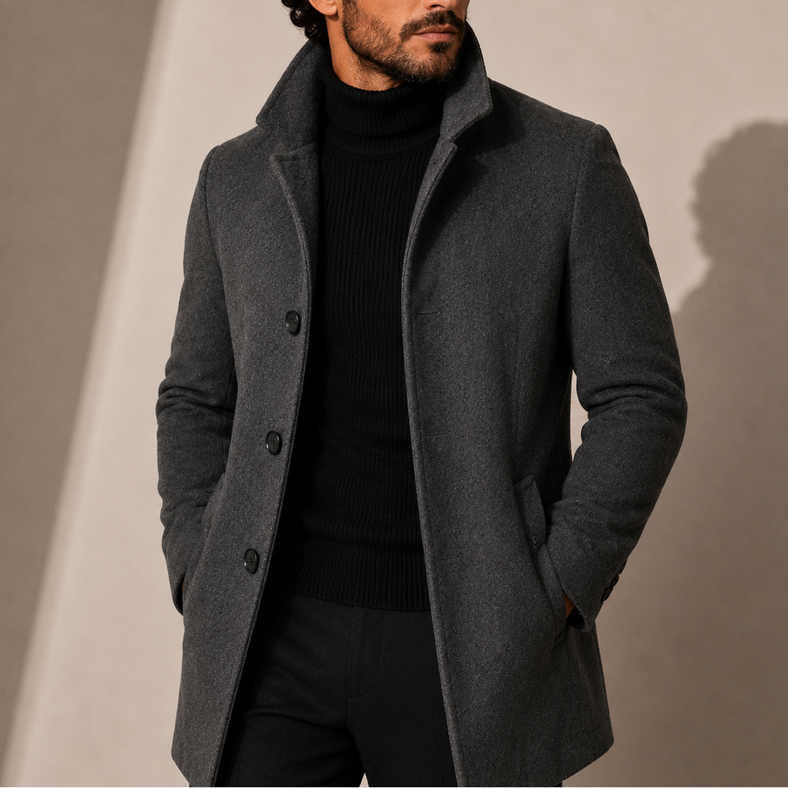 Men's Tailored Stand Collar Overcoat in Light Grey