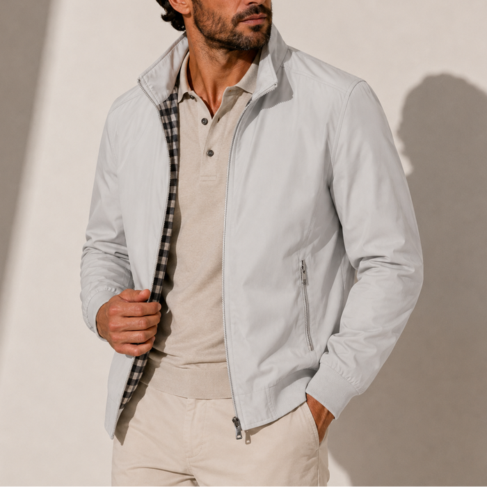 Men's Check-Lined Cotton Bomber Jacket in White
