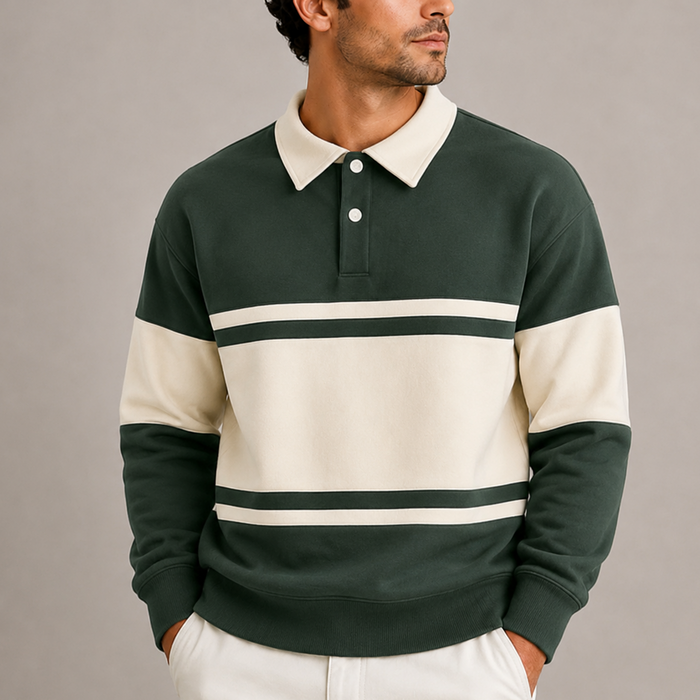 Men's Retro Colour Block Polo Sweatshirt in Green