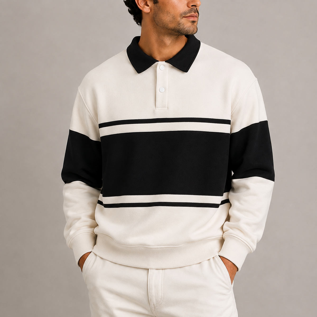 Men's Retro Colour Block Polo Sweatshirt in White