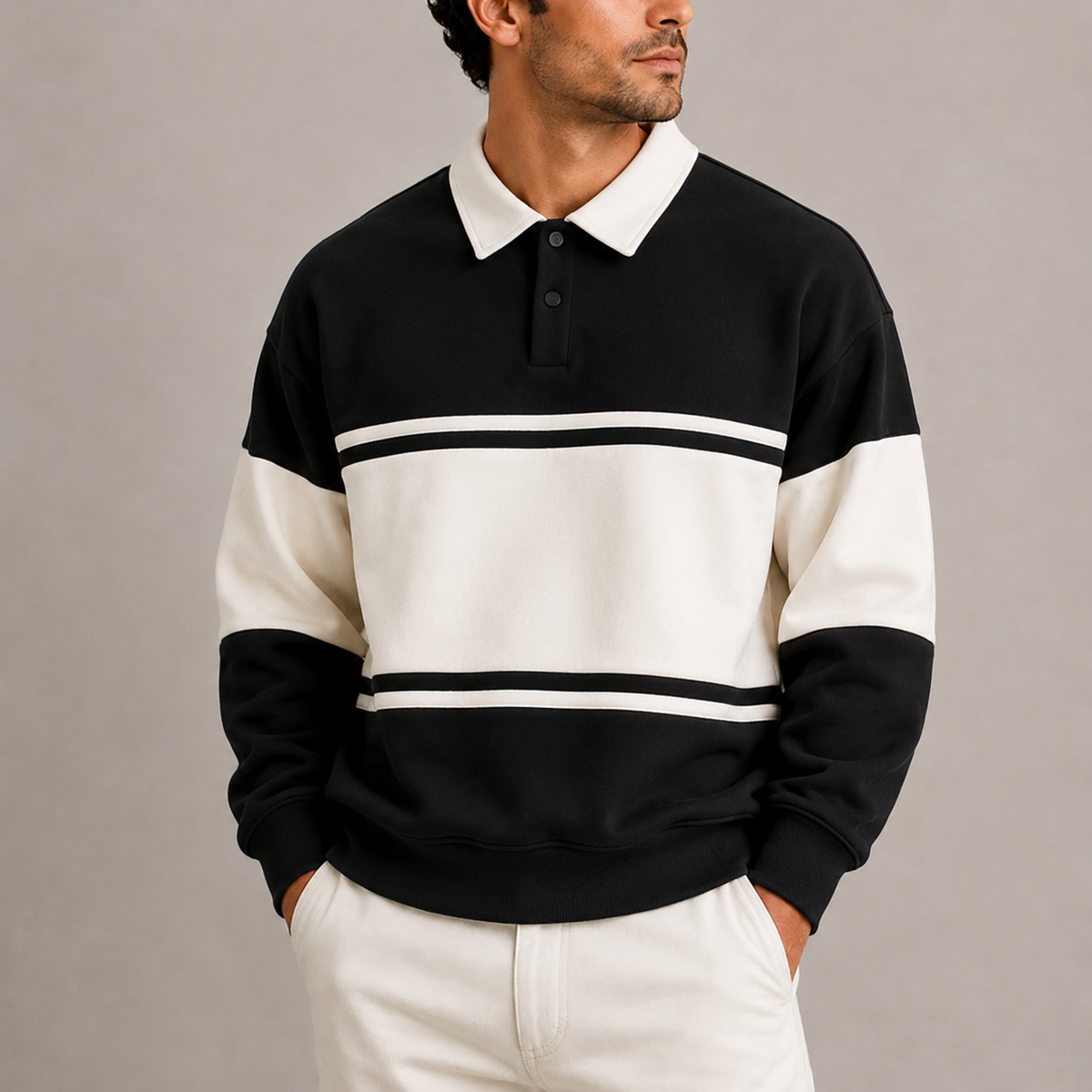 Men's Retro Colour Block Polo Sweatshirt in Black