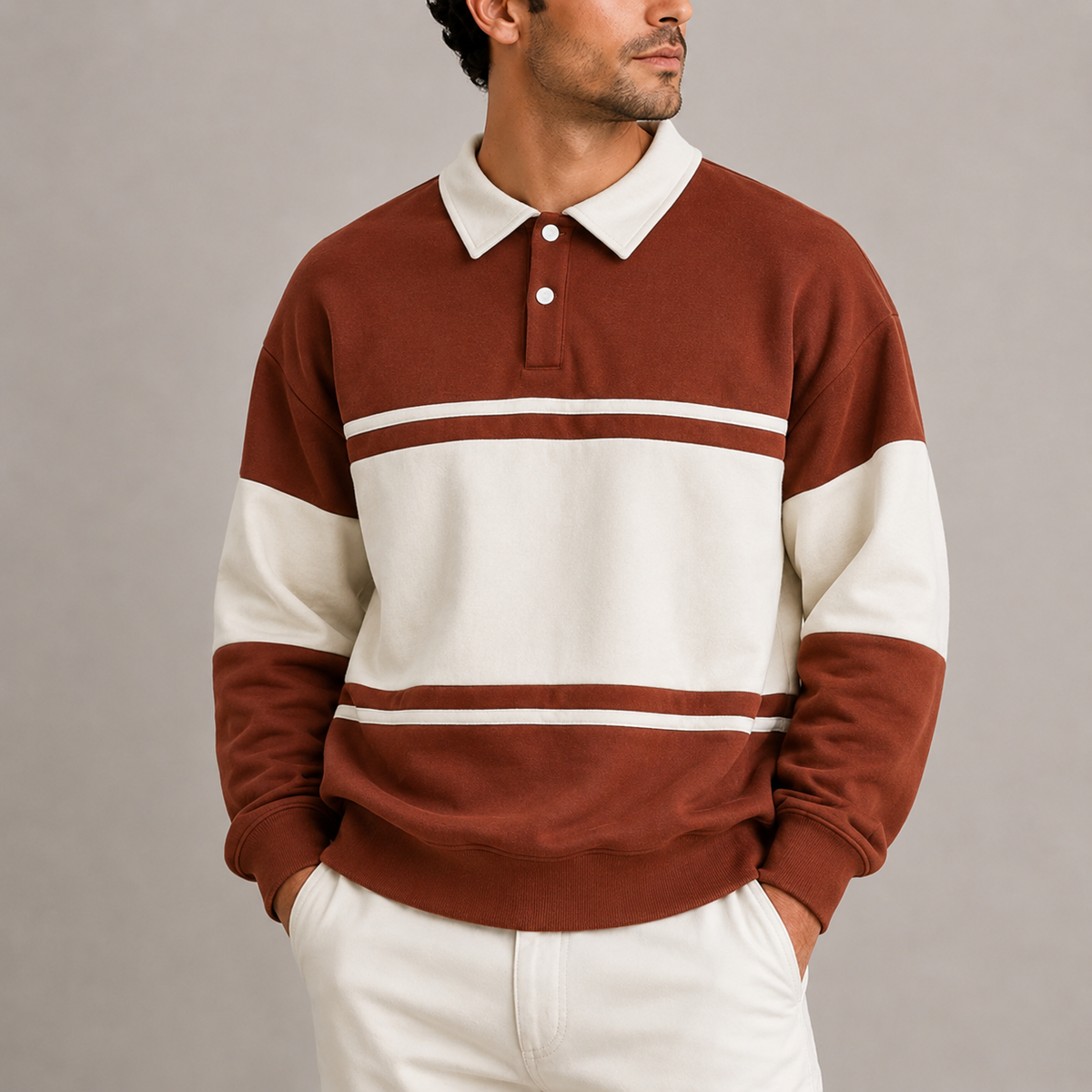 Men's Retro Colour Block Polo Sweatshirt in Brown