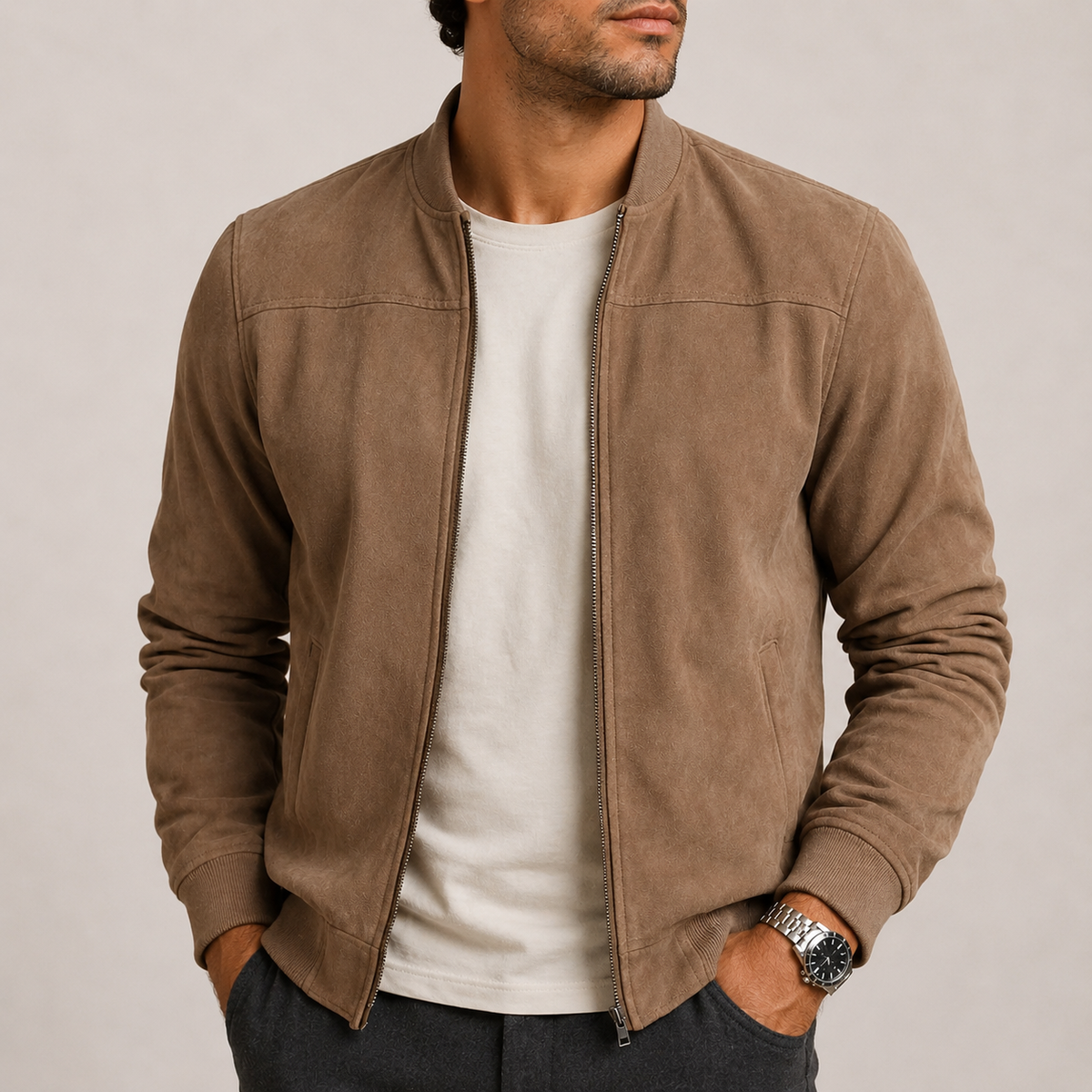 Men's Faux Suede Bomber Jacket in Brown