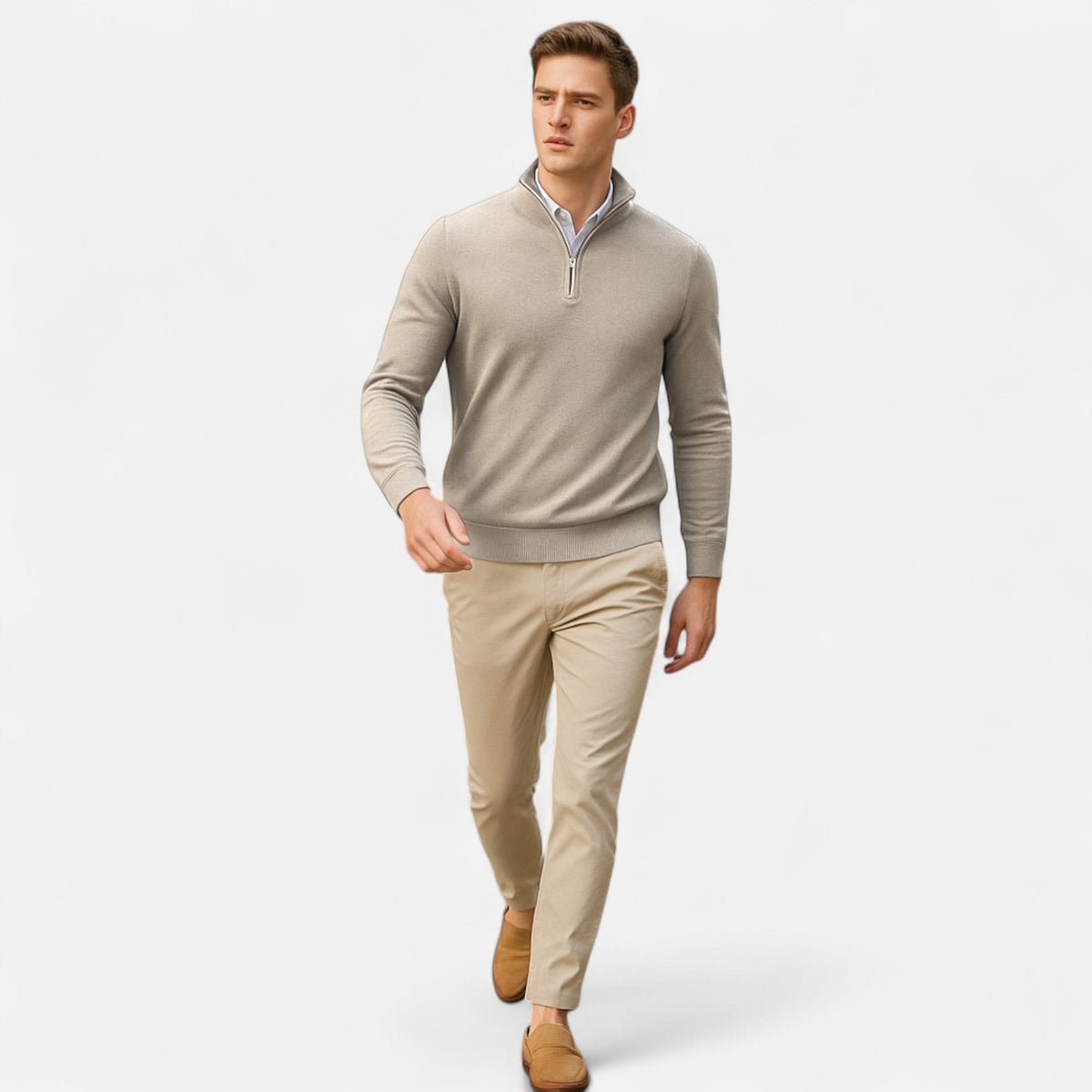 Men's Slim Fit Quarter Zip Jumper in Beige