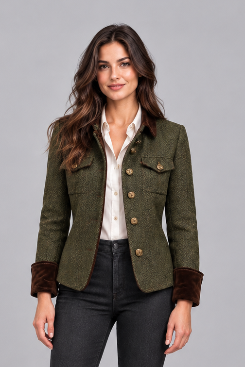 Women's Herringbone Quilted Tweed Jacket – Gold Buttons