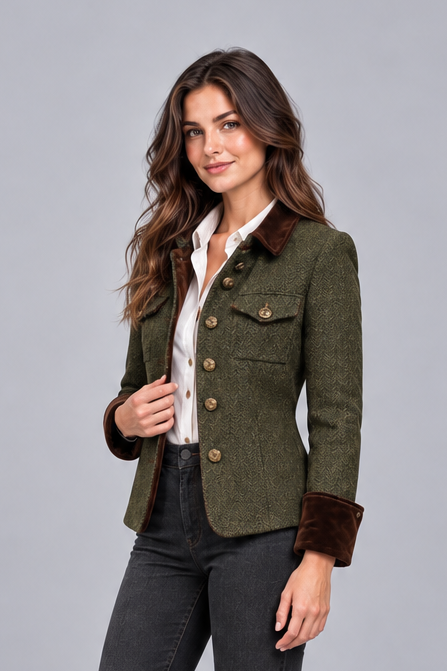 Women's Herringbone Quilted Tweed Jacket – Gold Buttons