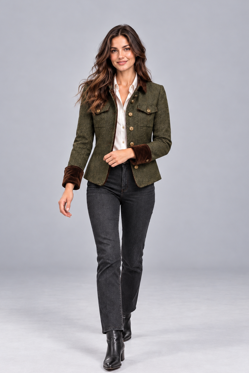 Women's Herringbone Quilted Tweed Jacket – Gold Buttons