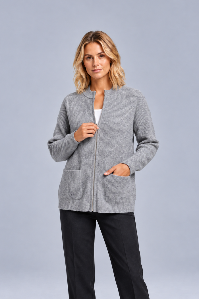 Women's Cotton Knit Zip Cardigan – Stand Collar Pockets