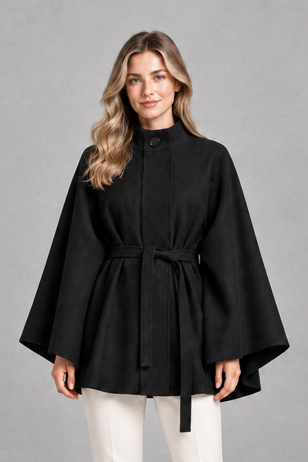 Women's Wool Look Cape Coat – Stand Collar Cape Sleeves