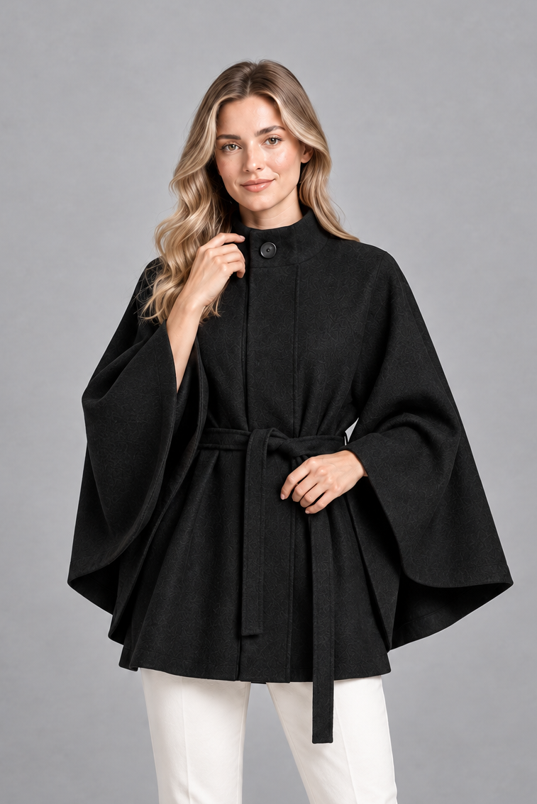 Women's Wool Look Cape Coat – Stand Collar Cape Sleeves