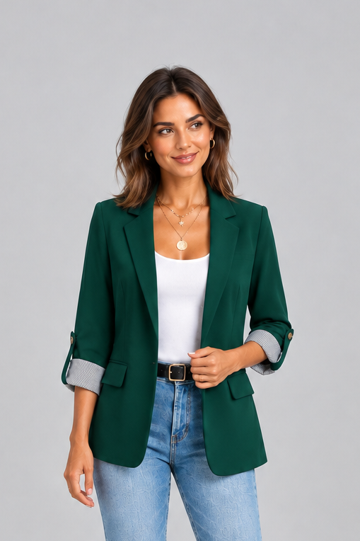 Women's Open Front Blazer – Ruched Three Quarter Sleeves