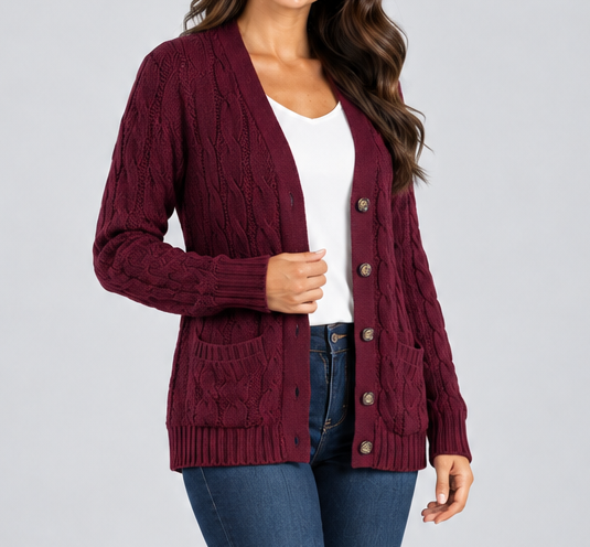 Women's Cable Knit Button Cardigan – Relaxed V Neck