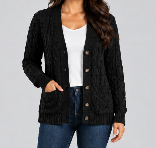 Women's Cable Knit Button Cardigan – Relaxed V Neck