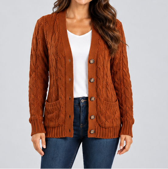 Women's Cable Knit Button Cardigan – Relaxed V Neck