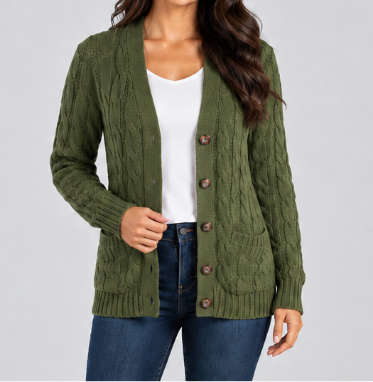 Women's Cable Knit Button Cardigan – Relaxed V Neck