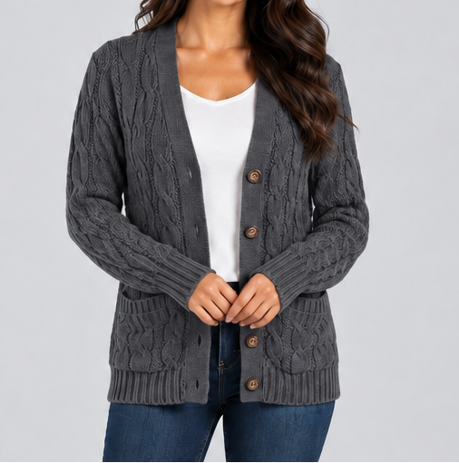 Women's Cable Knit Button Cardigan – Relaxed V Neck