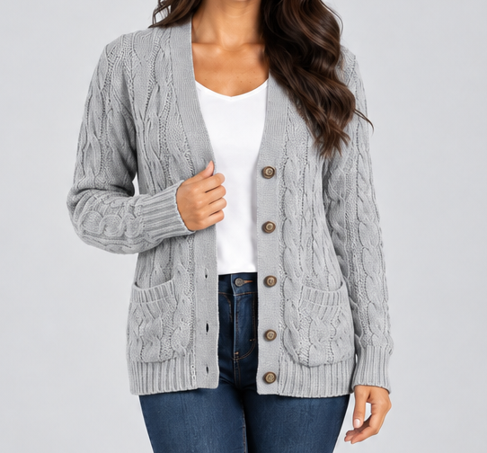 Women's Cable Knit Button Cardigan – Relaxed V Neck