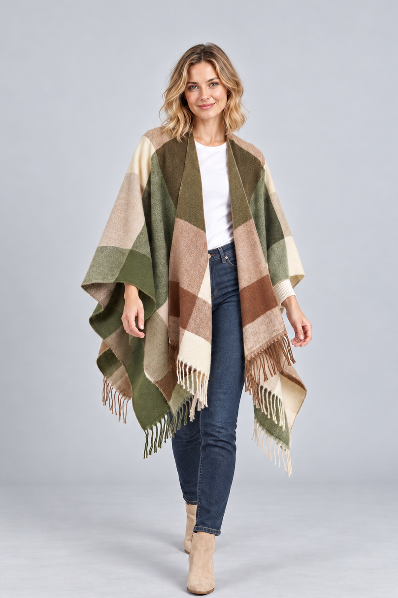 Women's Colour Block Blanket Poncho – Fringed Wrap Cape